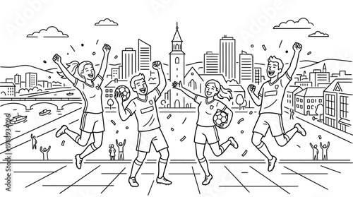 Joyful Soccer Team Celebrating Victory with Raised Arms and Cheers.