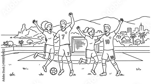 Joyful Soccer Team Celebrating Victory with Raised Arms and Smiles.