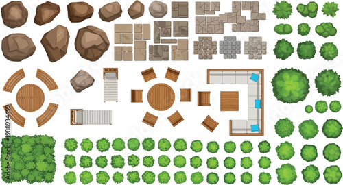 Comprehensive collection of top view landscape design vector elements featuring outdoor furniture green bushes natural rocks and stone paving tiles