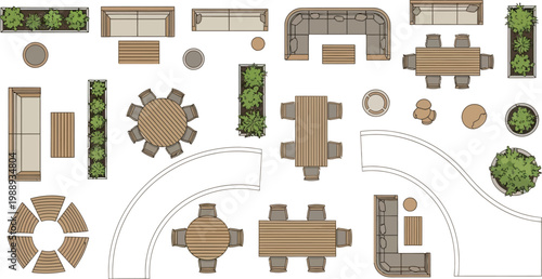 Top view vector illustration of outdoor patio furniture set including sofas tables chairs and garden planters for landscape design planning