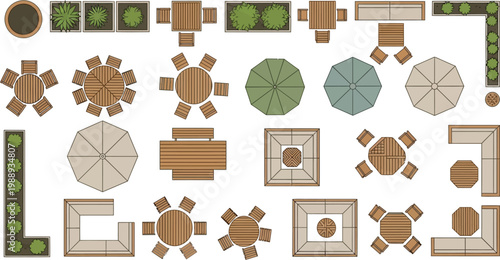 Top view vector illustration of outdoor patio furniture sets including wooden tables chairs umbrellas and garden landscape design elements