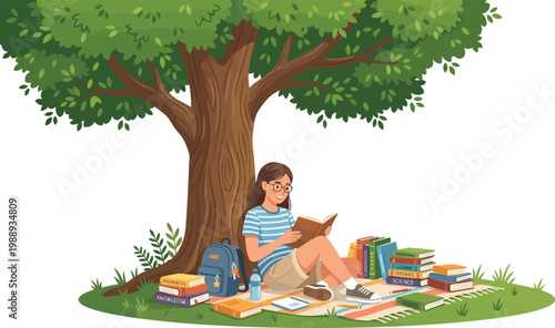 A young girl engrossed in reading a book under the shade of a large, lush green tree on a sunny day, surrounded by a pile of books and a backpack