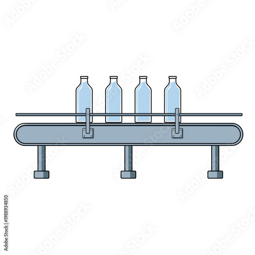 Modern automated factory production line showing bottled beverages on a conveyor belt illustration.