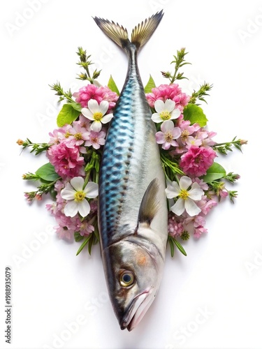 Mackerel fish elegantly adorned with pink and white blossoms on a white background