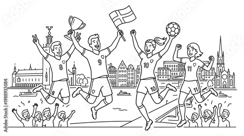 Joyful Soccer Team Celebrating Victory with Trophy and Flag.