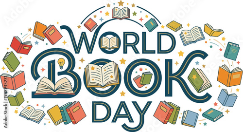 Joyful illustration celebrating the spirit of books and reading, with colorful volumes, stars, and elegant typography promoting literacy and knowledge worldwide