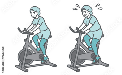 フィットネスバイクを漕ぐ標準体型とぽっちゃり体型のシニア女性の比較セットイラスト