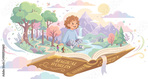 A young child sits on an open book, surrounded by a magical, whimsical landscape filled with trees, mountains, and a flowing river, illustrating the power of imagination and storytelling