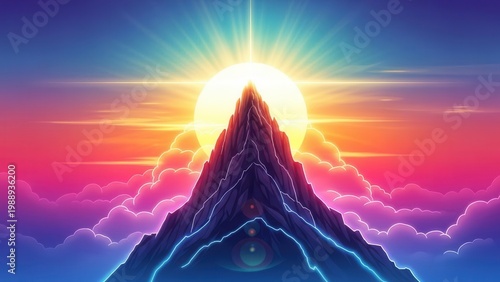Vibrant synthwave mountain landscape at sunrise, glowing neon clouds and cosmic peak in a radiant