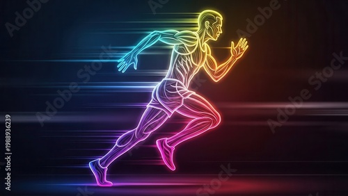 Dynamic neon runner illustrating human anatomy and athletic performance with vibrant energetic lines