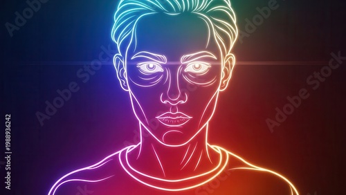 Futuristic glowing human portrait illuminating the digital landscape with vivid colors