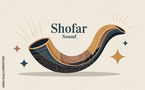 Stylized of a curved ram horn shofar with geometric patterns and radiating sound lines, Judaica