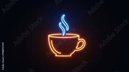 Vibrant neon glowing coffee cup with steaming blue vapor against a dark background, perfect for