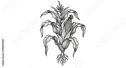 Realistic Corn Crop Botanical Line Art 