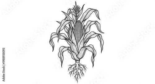 Detailed Maize Plant Monochrome Illustration 