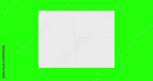 4k Resolution Video: Paper Mockup Concept. Blank White Paper Sheet Unfolds Against Green Screen Chroma Key Background With Alpha Matte