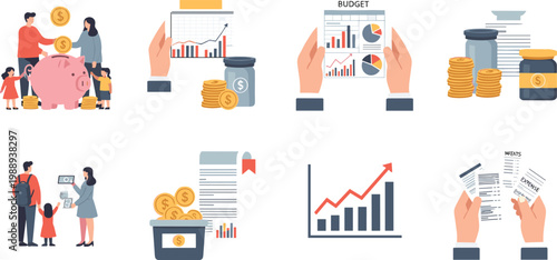 Personal finance vector icons showing saving, budgeting, investment, expense tracking, family support, and financial growth concepts
