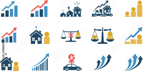 Economic growth vector icons showing finance charts, upward arrows, property value, cars, coins, and balance scales for investment