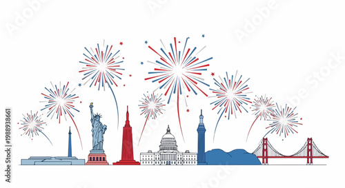 United States landmarks with fireworks celebrating national holidays.