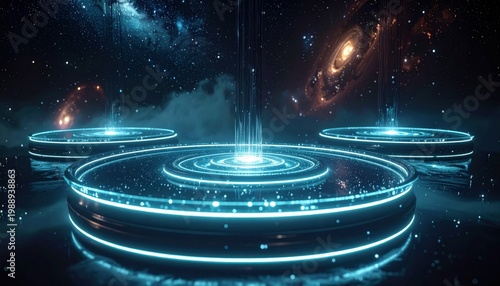Futuristic glowing platforms with celestial galaxy background, symbolizing innovation and cosmic discovery