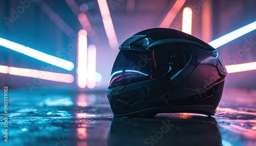 A sleek black motorcycle helmet rests on a wet surface, reflecting the vibrant neon lights of a futuristic city street