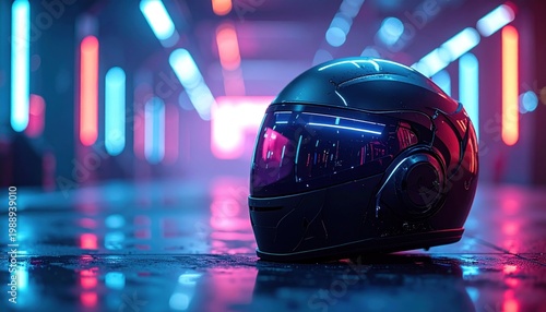 Futuristic motorcycle helmet with glowing visor in neon-lit tunnel, symbolizing speed and urban exploration