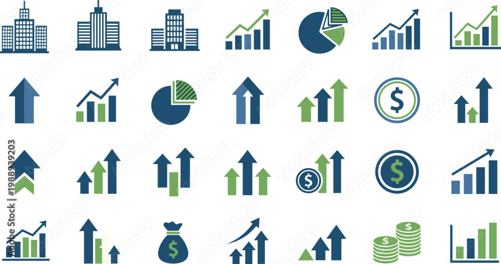 Fototapeta premium Business and finance vector icons showing company buildings, charts, graphs, coins, money bags, dollar signs, and economic growth