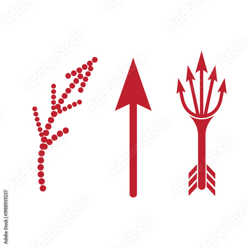 Red arrow symbols on white background, including dot pattern, solid arrow, and trident