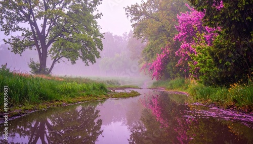 Misty Morning Serenity A Tranquil River Reflects Lush Spring Foliage Under a Soft Pink Sky