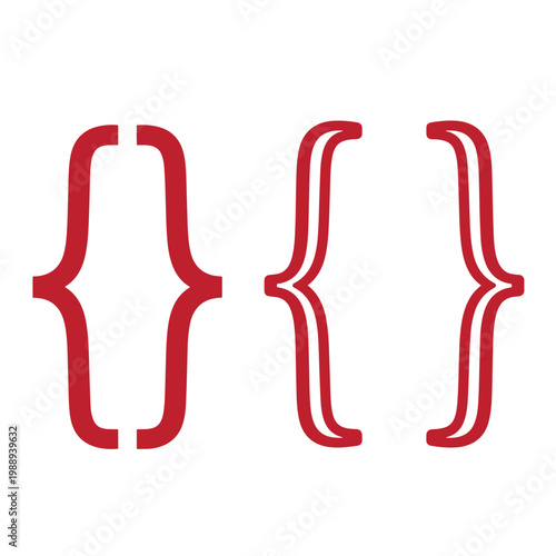 Red quotation mark and bracket symbols on white background, quotation marks curly brackets punctuation