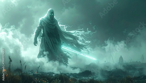 Ethereal Being Ascends with Glowing Sword Amidst Misty, Ancient Battlefield