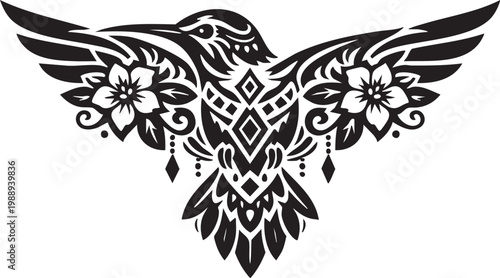 Symmetrical black ink tribal hummingbird with floral accents