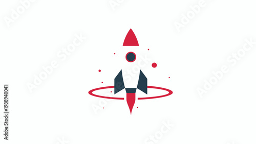 Minimalist Rocket Launch Illustration in Red and Navy Blue, Representing Startup Success, Business Growth, Rapid Mission Progress, and Innovative Technology Development on White Background.