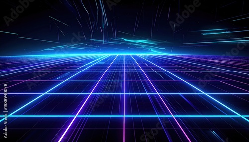 Vibrant futuristic neon grid glowing in abstract digital cyberspace, symbolizing data flow, high-tech networks, and virtual reality infrastructure