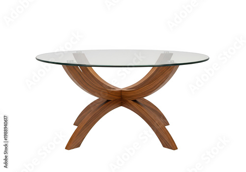 Modern circular coffee table featuring a clear glass top supported by a curved wooden base design