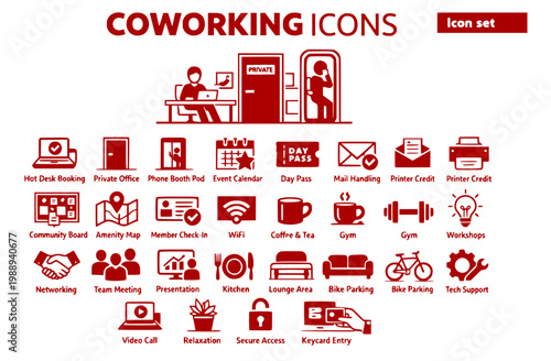 Coworking Space Community Operations Icon Set Hot Desk Booking Private Office Phone Booth Pod Event Calendar Day Pass Mail Handling Printer Credit Community Board Amenity Map Vector