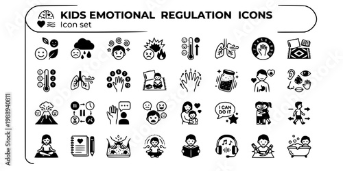 Kids Emotional Regulation Icon Set Zones of Regulation Feelings Thermometer Calm Corner Five-Finger Breathing Glitter Jar Body Check-In Big Feelings Volcano