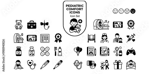Pediatric Hospital Medical Comfort Icon Set Comfort Toy Bag Butterfly IV Pain Face Scale Open MRI Distraction Tablet Reward Sticker Chart Brave Badge Child Bed Rail