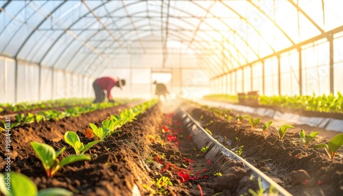 Greenhouse cultivation of young plants under warm sunlight, with irrigation system and farmers tending to the crops