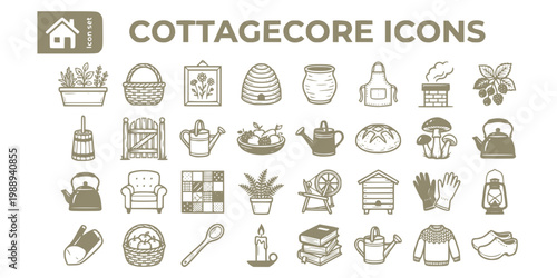 Cottagecore Folk Aesthetic Icon Set Herb Window Pot Foraging Basket Wildflower Press Bee Skep Hand Thrown Pot Linen Apron Chimney Smoke Hedgerow Berry Butter Churn Vector