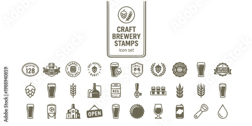 Craft Beer Brewery Stamp Icon Set Batch Number Cask Conditioned Barrel Aged Dry Hopped Hazy Unfiltered Small Batch Local Hops Brewer's Reserve Nitro Pour Limited Release
