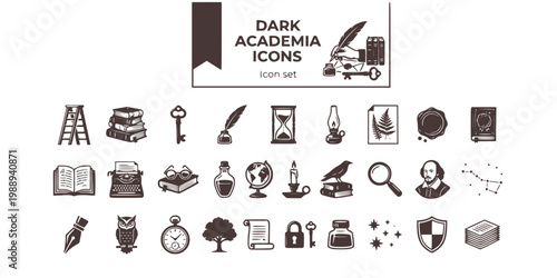Dark Academia Victorian Study Icon Set Library Ladder Leather Tome Quill Inkwell Wax Seal Skeleton Key Oil Lamp Pressed Botanical Hourglass Latin Scroll