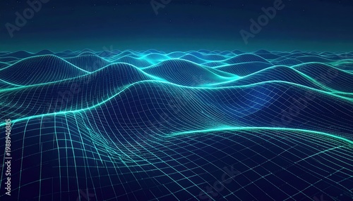 Abstract digital landscape of glowing blue grid lines forming undulating waves, representing data flow, network connections, and a futuristic technology concept for innovation