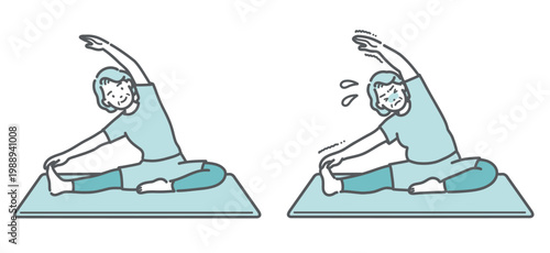 体側ストレッチをする標準体型とぽっちゃり体型のシニア女性の比較セットイラスト