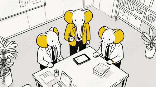 Minimalist flat vector illustration top view of three elephant-headed workers are standing in a modern office having a discussion