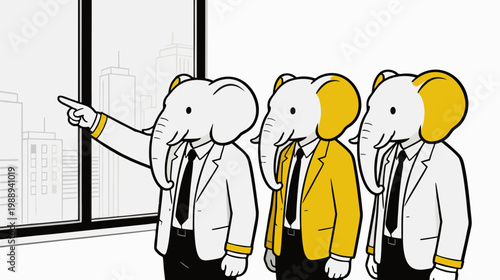 Minimalist flat vector illustration top view of three elephant-headed workers are standing in a modern office having a discussion