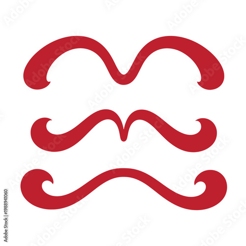 Red decorative swirls on white background, three symmetrical curls