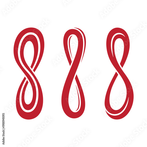 Red infinity symbols, three identical twisted loops on white background