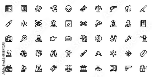Crime investigation icon set. Police vector icons pack. Includes detective, evidence, fingerprint, handcuffs, gun, jail, badge and more. Editable stroke.