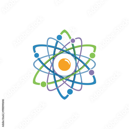 Abstract atom symbol with a central yellow core and colorful orbital paths.